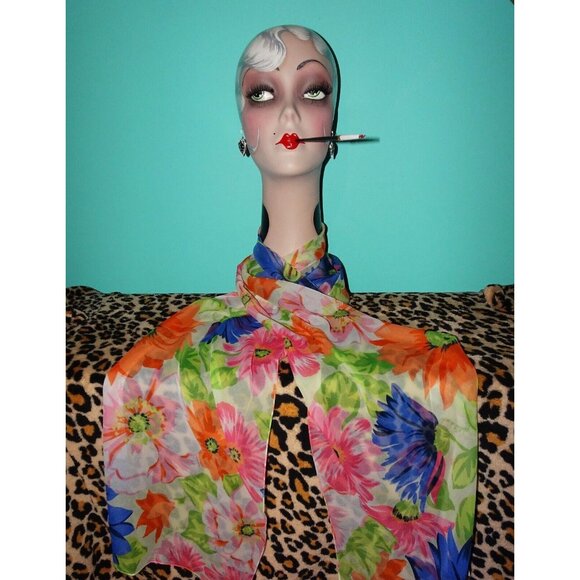 Vintage Diane Von Furstenberg Long Floral Scarf pinup retro rockabilly head wrap - Picture 2 of 9